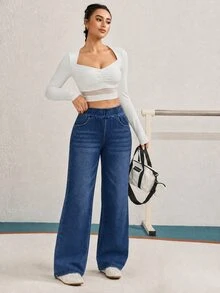 SHEIN Essnce 冬季街頭高腰口袋深藍色牛仔寬腿喇叭牛仔褲，日常穿著 - 藍色 - 查看 7