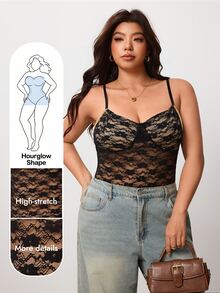 Enliva Plus Size Sheer Lace Cami Bodysuit With Lined Bust For Hourglass Body - Black - View 1