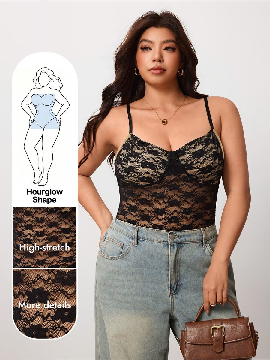 Enliva Plus Size Sheer Lace Cami Bodysuit With Lined Bust For Hourglass Body - Black - View 1