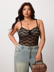 Enliva Plus Size Sheer Lace Cami Bodysuit With Lined Bust For Hourglass Body - Black - View 3