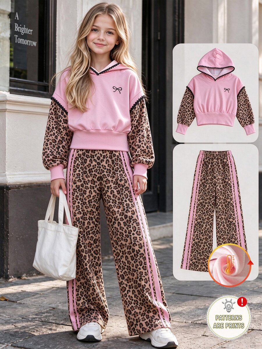 SHEIN Tween Girls 2Pcs Autumn Winter Outfit Scallop Trim Embroidery Pink Hooded Top & Leopard Print Wide Leg Sweatpants Set - Pink - View 1