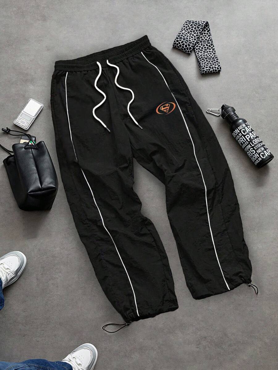 SUPERMAN X SHEIN Gym Rark بنطلون رياضي رجالي مخطط بألوان متباينة مع خصر برباط سحب - الأسود - مشاهدة 1
