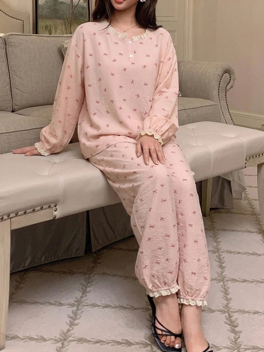 DAZY 2pcs Women's Sweet Bow Print Lace Patchwork Half-Open Front Long Sleeve Top & Straight Leg Long Pajama Pants Sleepwear Set - Pink - View 1