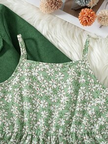 SHEIN Vintaside Kids 女童小燈芯絨夾克花卉細肩帶背心 7 歲生日禮物洋裝 2 件套上衣 翻領短款長袖內搭 秋季嬰兒 - 綠色 - 查看 6