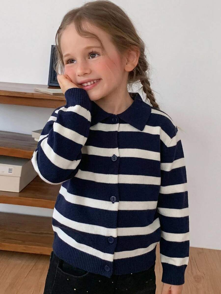 Hapijoa Young Girl Fall Clothes Young Girl) Patchwork Contrast Color Ruffle Trim Fitted Long Sleeve Round Neck Drawstring Tie Casual Cardigan - Navy Blue - View 1