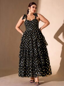 Cravure Plus Size Women's Gold Foil Polka Dot Shoulder Knot Elegant Ruffle Hem Dress - Black - View 6