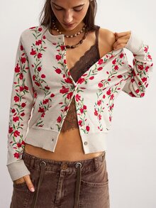 Bohemela كنزة نسائية بنمط زهري كاجوال للاستخدام اليومي بأكمام طويلة - لون مشمشي - مشاهدة 8