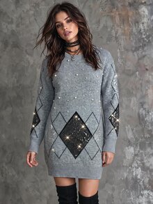 Velvienne 1pc Women's Plus Size Round Neck Long Sleeve Diamond Grid Shiny Sequin & Bead Decorated Elegant Fashion Knit Sweater Dress, Suitable For Daily Commute, Party, Spring And Autumn - Grey - View 1