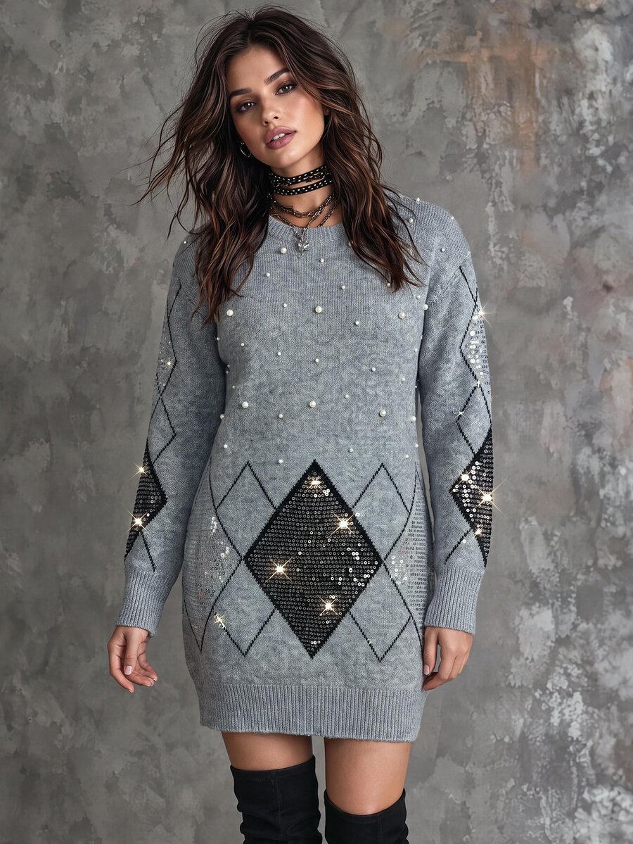Velvienne 1pc Women's Plus Size Round Neck Long Sleeve Diamond Grid Shiny Sequin & Bead Decorated Elegant Fashion Knit Sweater Dress, Suitable For Daily Commute, Party, Spring And Autumn - Grey - View 1