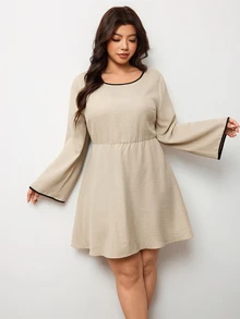 Enliva Plus-Size Women's Color-Blocked Bell-Sleeve Casual Long-Sleeved Dress Pear Body,Triangle Body - Multicolor - View 1