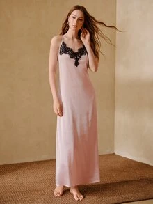 MOTF PREMIUM WOMEN'S PINK BACK CONTRAST LACE TIE STRAP NIGHTGOWN - Pink - View 5