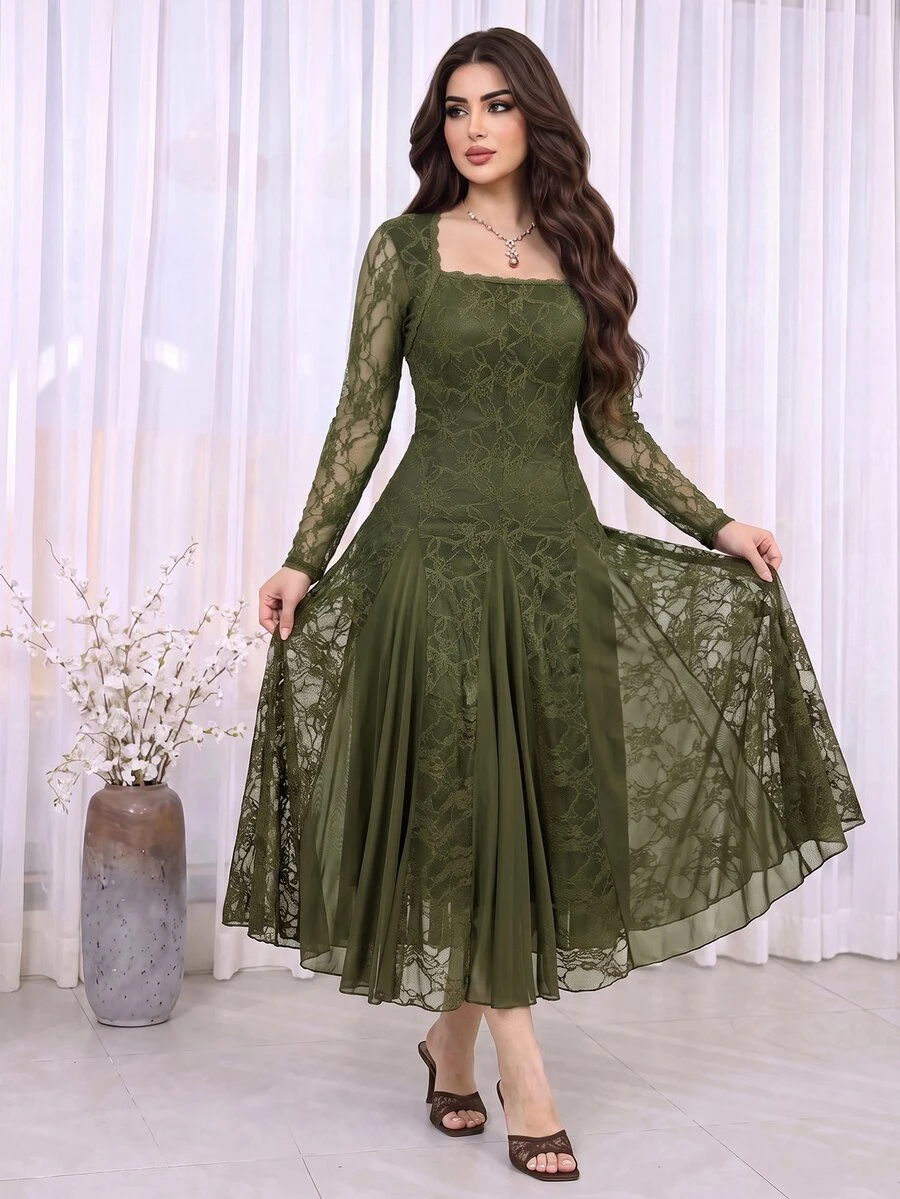 Feyla Women's Square Neck Long Sleeve Elegant Lace Dress - Black - View 1