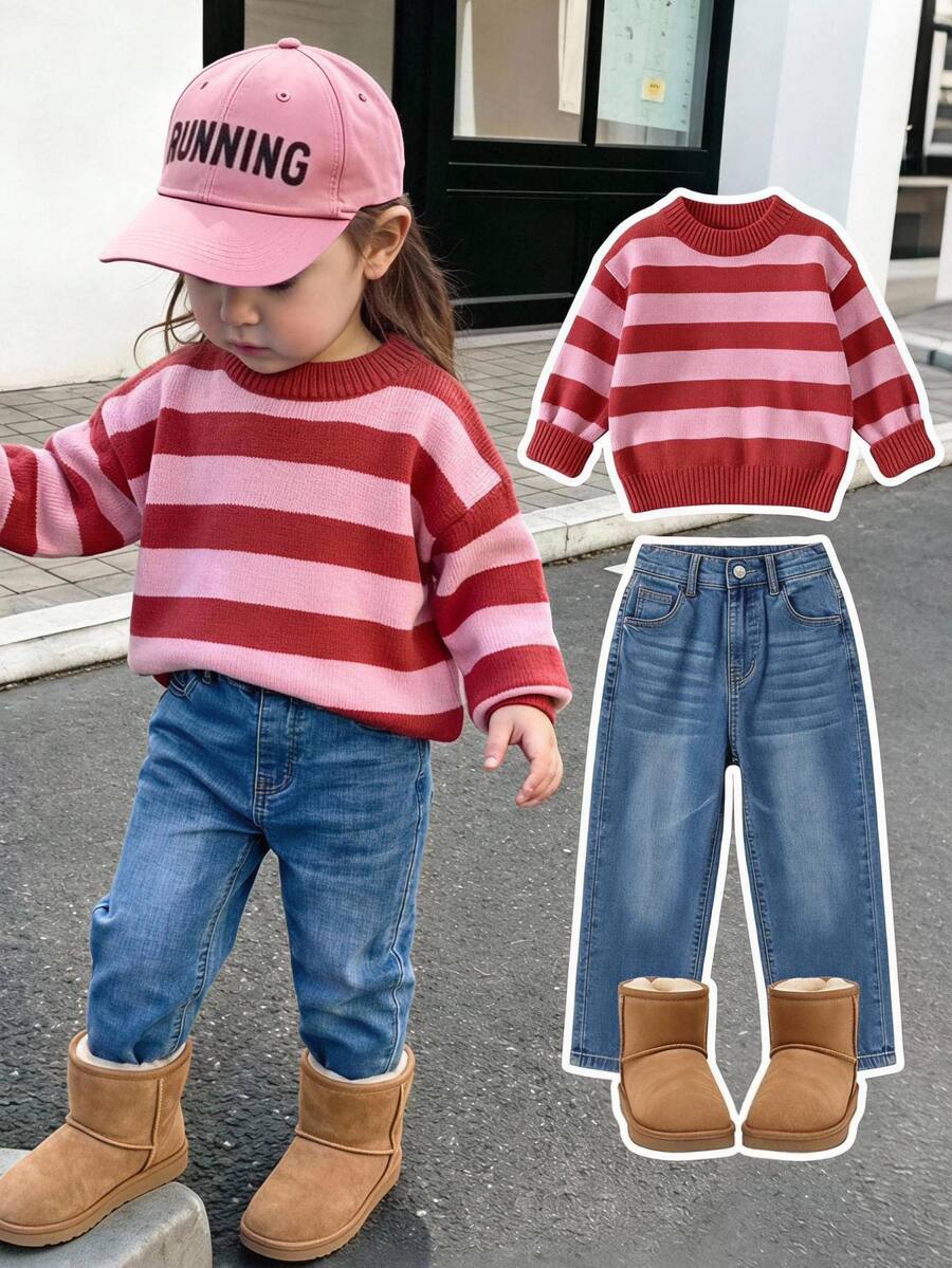 SHEIN Baby Girls Round Neck Pullover Sweater, Pink Striped, Soft And Comfortable, Suitable For Autumn/Winter - Multicolor - View 1