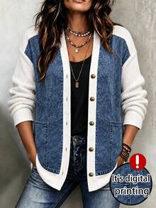 Linhara Plus Size Women's Long Sleeve Denim Digital Print Patchwork Fashion Versatile New Commuter Jacket - Blue - View 1