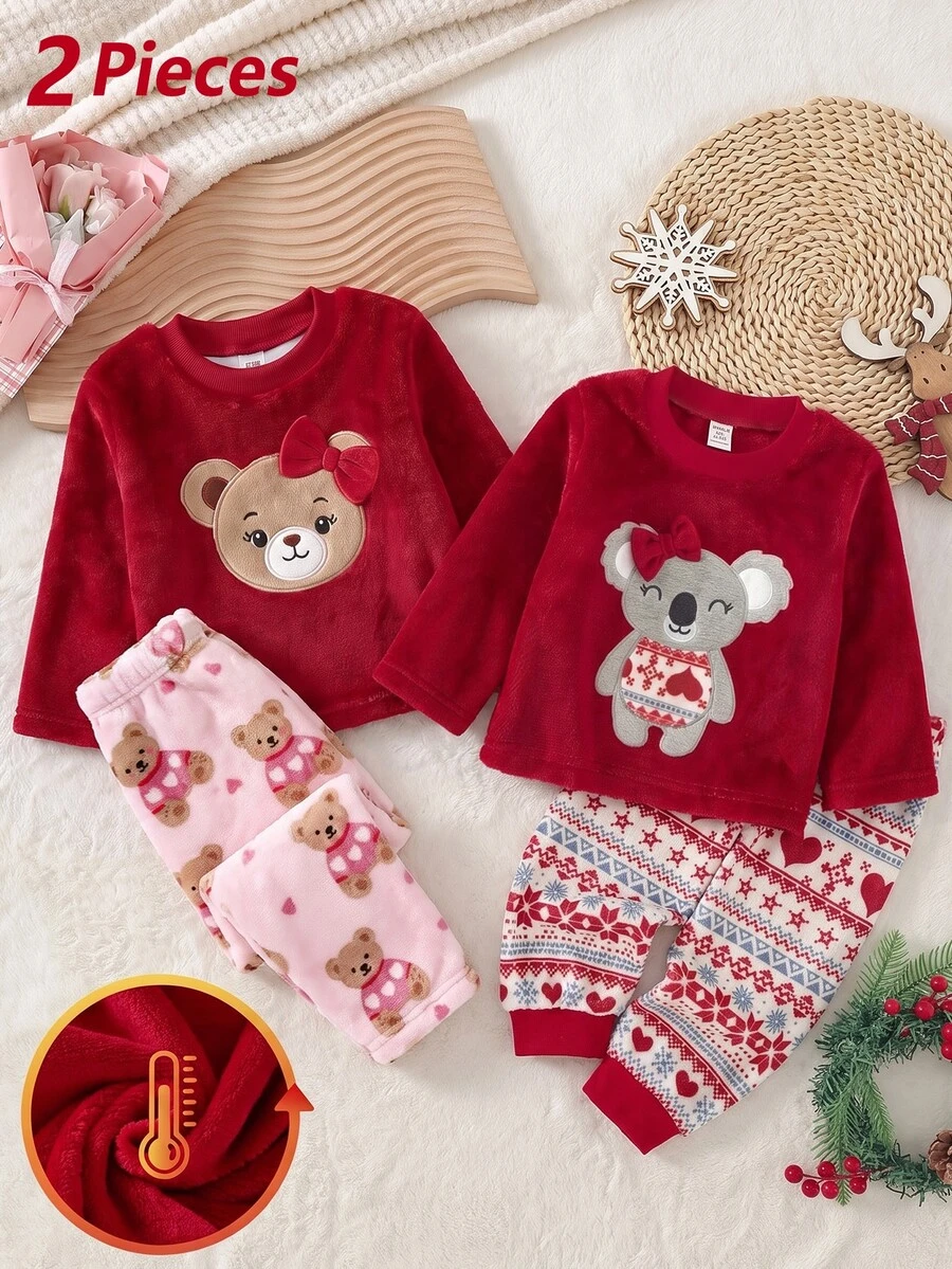 女童幼兒可愛卡通熊蝴蝶結風格軟厚法蘭絨圓領長袖熊圖案上衣搭配粉色滿版熊圖案長褲 2件套保暖家居服,適合秋冬戶外穿著 - 紅色 - 查看 1