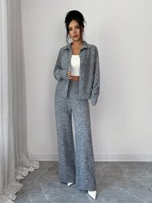 Breezaya طقم نسائي بسيط فاخر من الصوف المحبوك، كارديجان بأكتاف منسدلة فضفاضة وبنطال واسع الساق بتصميم منسدل مشدود، طقم من قطعتين - رمادي - مشاهدة 3