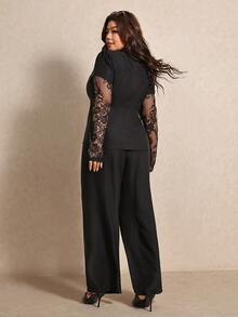 Elaquor Plus Size Women's Contrast Lace Long Sleeve Single Button Top And Wide Leg Pants Elegant 2 Pieces Set - Black - View 2