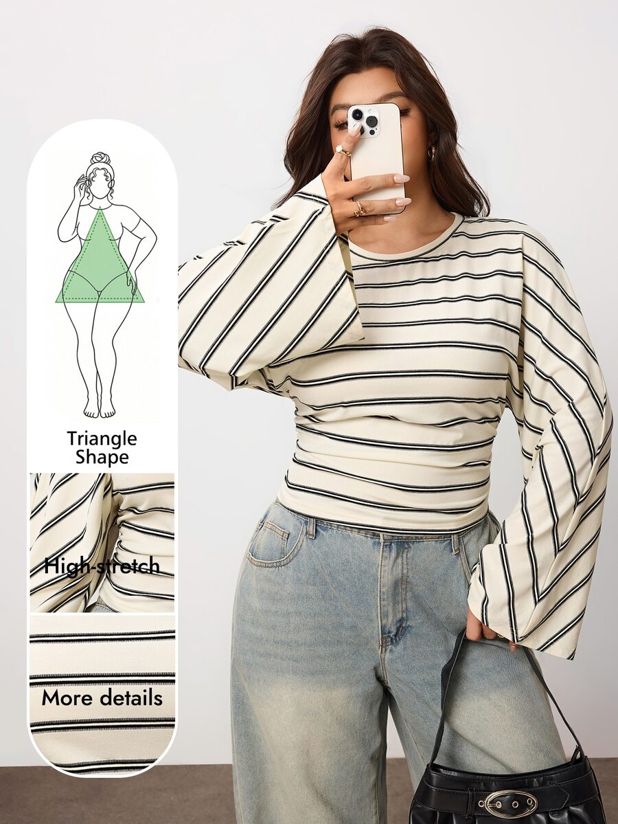Enliva Plus Size Ribbed Fitted Crew Neck Top For Pear Body - Brown - View 1