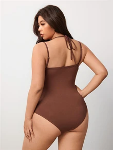 Enliva Plus Size 2 In 1 Lace Trim Halter Bodysuit For Hourglass Body - Brown - View 2