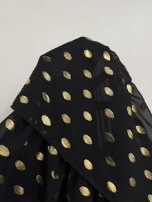 Cravure Plus Size Women's Gold Foil Polka Dot Shoulder Knot Elegant Ruffle Hem Dress - Black - View 8