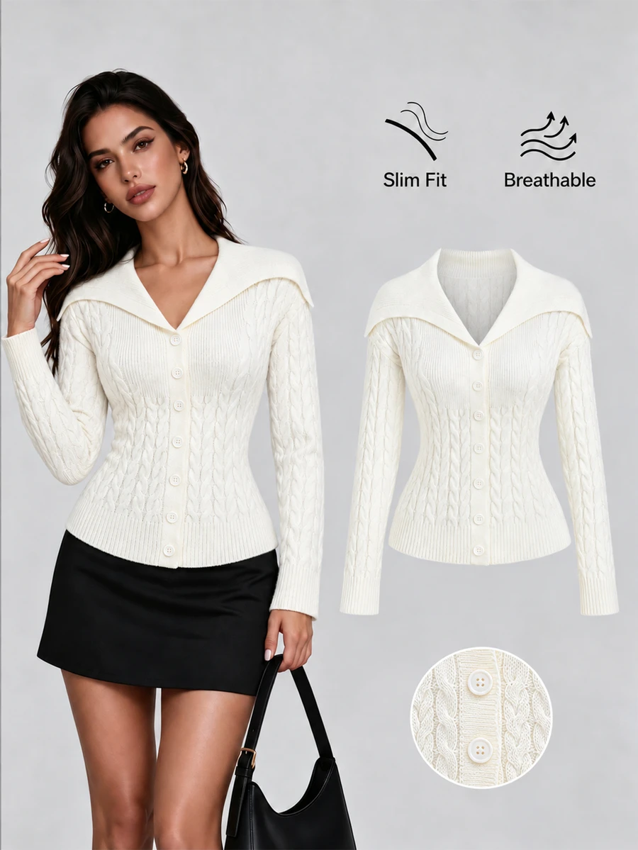 Sweetra Autumn/Winter Oversized Collar Cable Knit Single-Breasted Cardigan - White - View 1