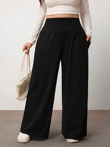 Enliva Plus-Size Women's Casual Stretch Black Pants, Perfect For Lounging At Home Apple,Rounded Body - Black - View 3