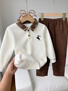 SHEIN 2pcs/Set Kids Young Boy Autumn/Winter Casual Sweatshirt And Pants Set, Sweatshirt Set, Boys Set, Autumn/Winter Set, Christmas Set, Green Set - Khaki - View 5