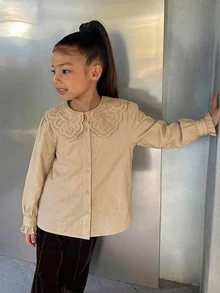Dazy Kids 青少年女孩秋季服飾 女孩 (大號) 蕾絲娃娃臉泡泡袖長袖甜美襯衫 - 杏色 - 查看 3