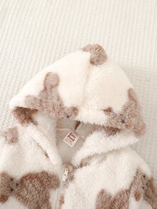 Cozy Pixies 女嬰花卉圖案保暖內裡加厚連帽長袖前開襟運動衫 針織純色柔軟彈性腰長褲 2件套可愛花卉拉鍊連帽外套休閒長褲套裝 - 卡其色 - 查看 7