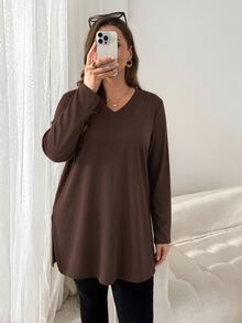Shapeblank Plus Size Versatile Fashion Long Sleeve T-Shirt With Split Hem,Fall Outfits,Going Out Tops,Simple St - Brown - View 4