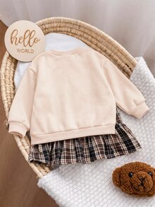 SHEIN 女童 2合1 可愛熊圖案格紋百褶下擺運動衫洋裝，復古風，開學季、職業日、秋冬穿搭，適合同齡女孩 - 杏色 - 查看 2