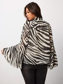 Enliva Plus Size Zebra Print Tie Neck Ruffle Sleeve Blouse Compatible With Apple Body - Black and White - View 2