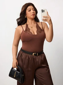Enliva Plus Size 2 In 1 Lace Trim Halter Bodysuit For Hourglass Body - Brown - View 6