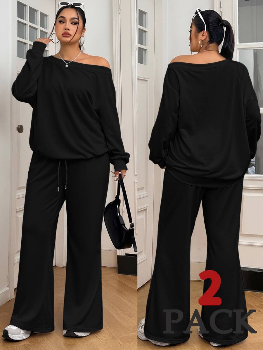 Solflare 2pcs Black Plus Size Loose Solid Color Asymmetric Shoulder Long Sleeve Set (Autumn Style) - Black - View 1