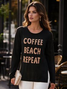 SHEIN LUNE ملابس الشارع للنساء ملابس علوية جاكار بأكمام طويلة وفتحات جانبية مزدوجة - الأسود - مشاهدة 1