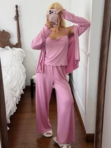 DAZY Women's Frill Trim Camisole And Solid Color Long Pants With Cardigan Pajama Set - Pink - View 7