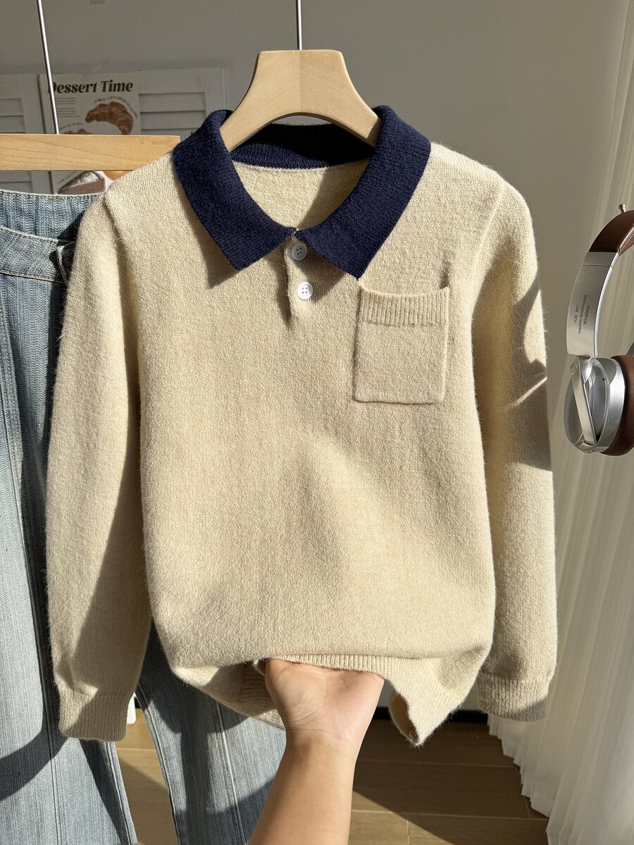 Tween Boy Colorblock Casual Daily Long Sleeve Sweater - Black - View 1