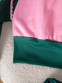 SHEIN 青少年女孩拼色粉色深綠色波浪邊仿刺繡愛心印花連帽衛衣與寬腿褲秋冬運動套裝2件組 - 彩色 - 查看 6