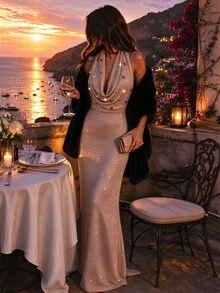 Penseblé New Women's Fashion Knit Dress, Champagne Gold Draped Neck Sequin Ruffle Collar Gold Thread Backless Bodycon Long Party Gathering Dress - Champagne - View 5
