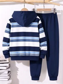 SHEIN 青少年男孩休閒極簡長袖舒適連帽衫與運動長褲2件套，保暖內裡，適合秋冬穿著 - 彩色 - 查看 3