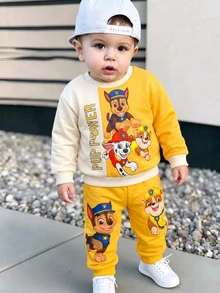 SHEIN | PAW Patrol 男嬰 2 件組卡通圖案印花拼色圓領長袖運動衫與運動長褲套裝 - 彩色 - 查看 3