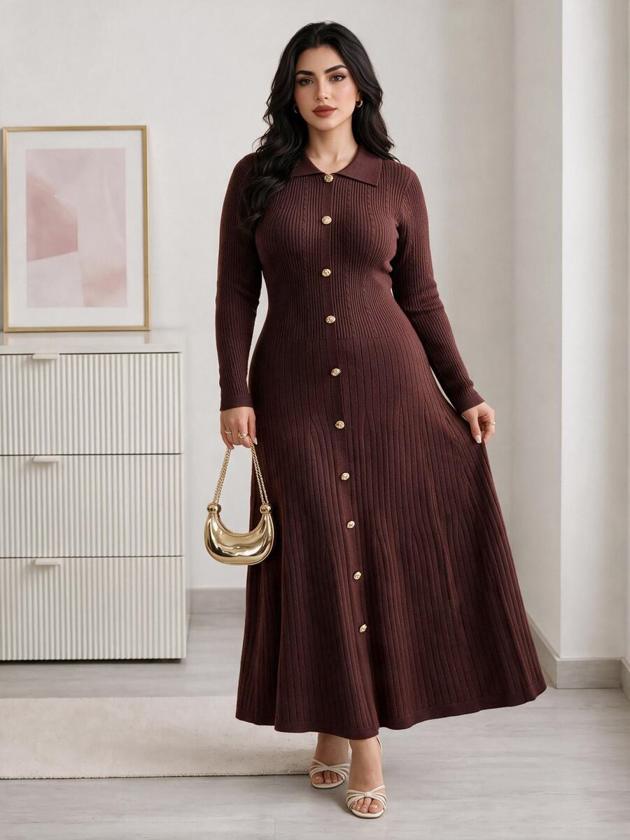 Modelyn Đầm len dệt kim nữ size lớn màu trơn phong cách thường ngày mùa hè - Cà phê nâu - Xem 1