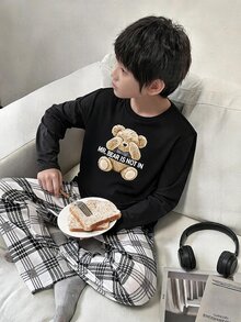 SHEIN 青少年男孩卡通熊印花長袖上衣與格紋長褲居家休閒套裝 - 彩色 - 查看 7