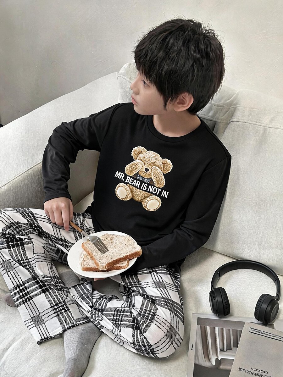 SHEIN Tween Boy Cartoon Bear Print Long Sleeve Top And Plaid Pants Loungewear - Multicolor - View 1