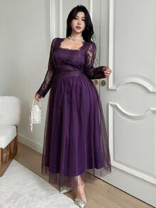 Feyla Plus Size Women's Lace Mesh Patchwork Elegant Waist-Cinching Party Dress - Purple - View 1