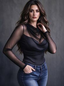 Linhara CURVE Plus Size Women's Patchwork Polka Dot Print Mesh Long Sleeve Fashion Top - Black - View 3
