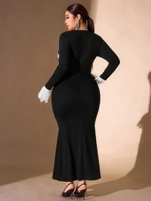 Cravure Plus Size Women Elegant Elegant Lace Patchwork Contrast Color Party Evening Maxi Dress - Black - View 2