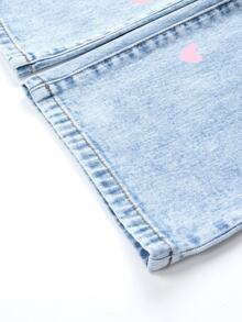 Girls' Pink Heart Digital Print Wide Leg Jeans, Elastic Waist Loose Fit Comfortable Soft Pure Cotton Versatile Straight Leg Denim Pants - Light Wash - View 6