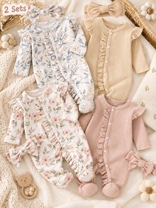 SHEIN Vintaside Kids 2套新生兒長袖連身褲，可愛花卉印花，杏色羅紋髮帶，居家穿著，百搭時尚，最佳選擇，新生兒完美禮物 - 彩色 - 查看 1