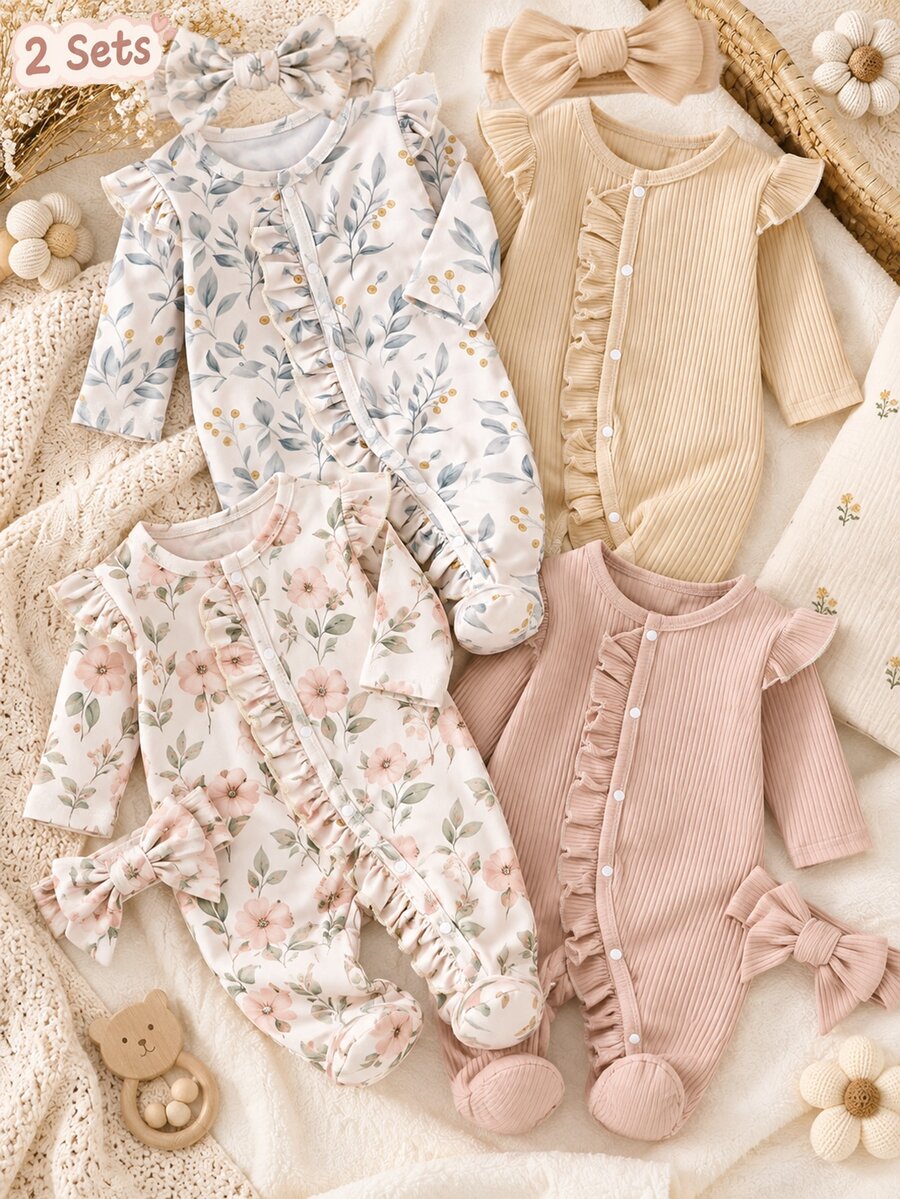 SHEIN Vintaside Kids 2套新生兒長袖連身褲,可愛花卉印花,杏色羅紋髮帶,居家穿著,百搭時尚,最佳選擇,新生兒完美禮物 - 彩色 - 查看 1